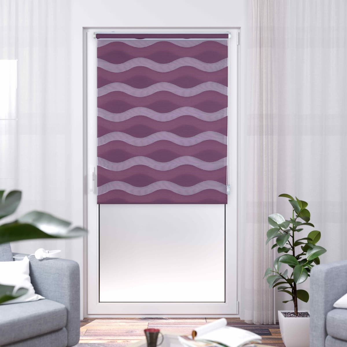 Doppelrollo K-HOME "Welle", lila (bordeaux), B:40cm H:150cm, Polyester, Rollos, Doppelrollo, im Festmass bordeaux 150cm, 40cm