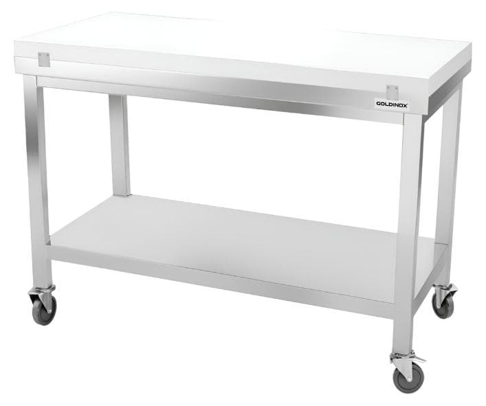 Arbeitstisch aus Edelstahl, 1600 x 700 mm, mit weißer Schneideplatte auf Rollen, - GOLDINOX