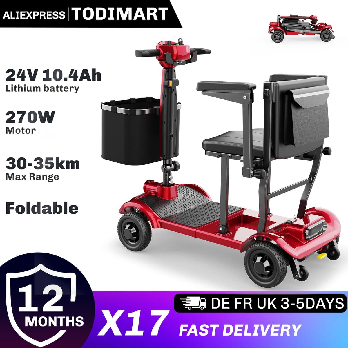 TODIMART X17 4‑Wheel Safe Mobility Electric Tricycle for Seniors & Adults｜270W,24V 10.4Ah,25KM Long Range, Stable Family Travel Scooter, Thoughtful Gift for the Elderly