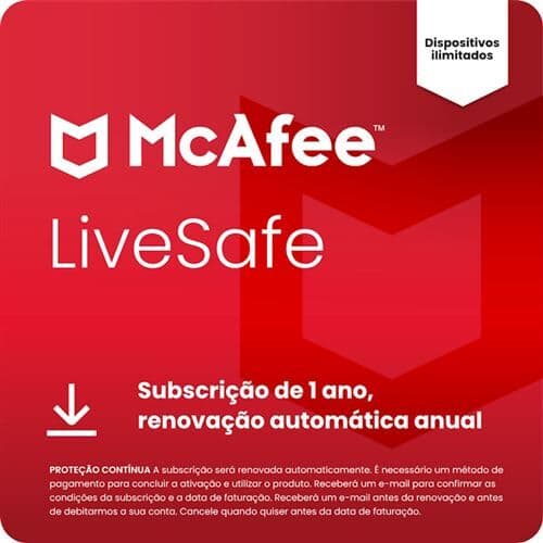McAfee LiveSafe  (Windows, macOS, Android, iOS, ChromeOS) - Dispositivos Ilimitados - Subscrição de 1 ano (Cartão de Chave de Produto ou Transferência Digital)