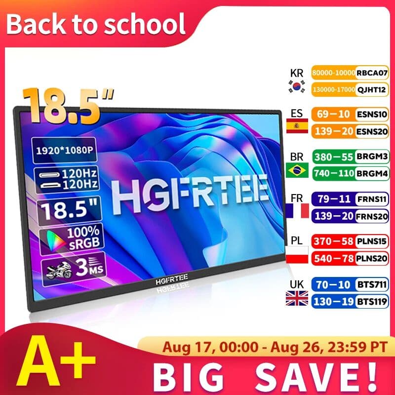 HGFRTEE 18.5inch Portable Monitor 120Hz RGB100% With VESA Hole & Back bracket Laptop Extended Display ADS-IPS HDR Screen