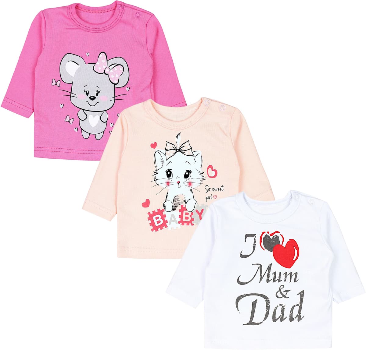 Langarmshirt TUPTAM "Shirt Unisex Baby Langarmshirt mit Spruch Aufdruck 3er Set", Mädchen, Gr. 62, weiß (i love dad mum weiß katze aprikose maus pink), Obermaterial: 100% Baumwolle CO., Shirts Langarmshirt