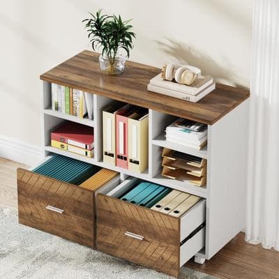 Lee 2-Drawer Wood File Cabinet with Open Shelves, Mobile Lateral Filing Cabinet for Hanging Letter Size Files