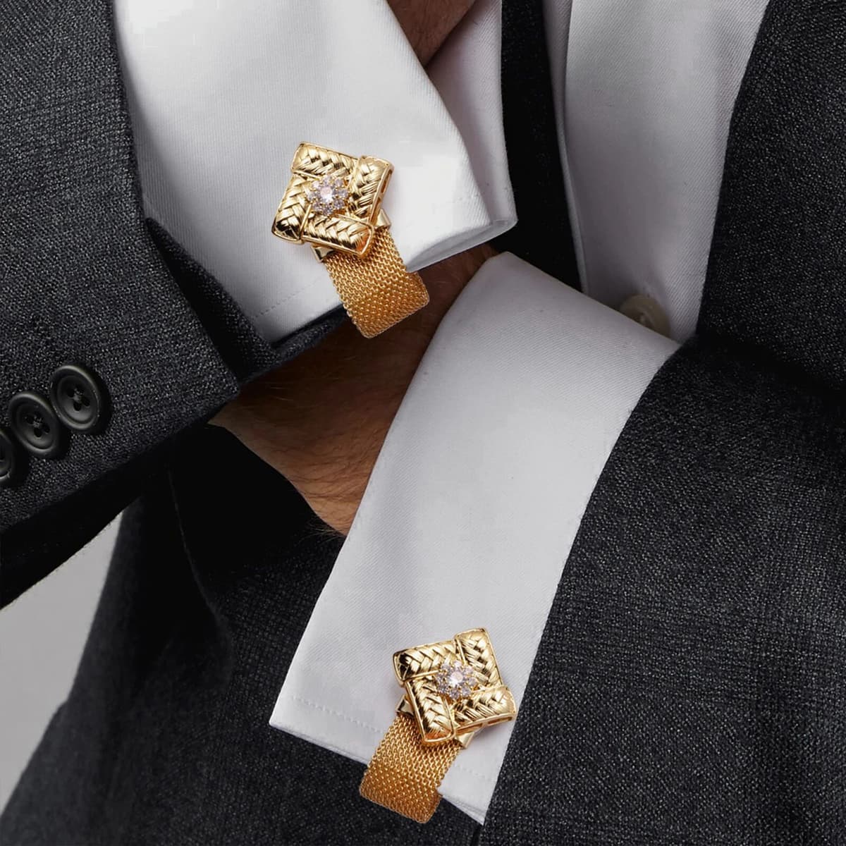 HAWSON square zircon Cufflinks Set With Chain-cuff links mens Shiny luxurious French Shirt Ornament or Accessory - Party favors for men