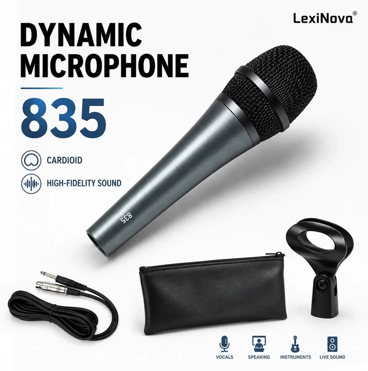 LexiNova 835 Professional Dynamic Microphone Wired Handheld Vocal Mic For Singing Live Recording Stage Performance Karaoke HD
