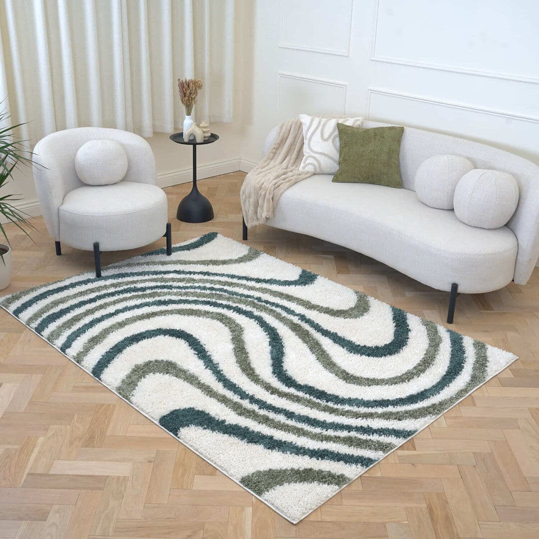 THE RUGS Moodi Modern Shaggy Area Rug Abstract Wavy Line Design Off-White/Green Rectangle 200 x 290 cm