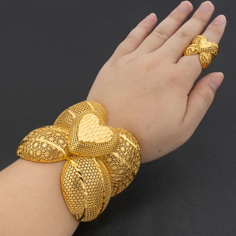 NONE Arab Luxury Gold Plated Bracelet Ring Copper Large Bangle Jewelry Set for Women Adjustable Ring Design Fashion Wedding Jewelry