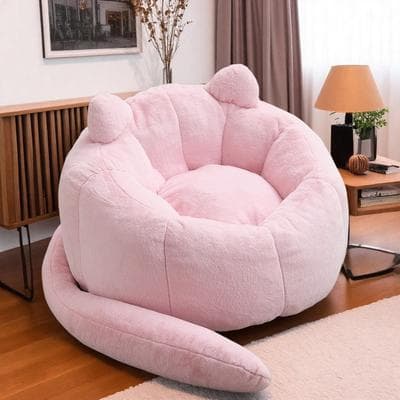 "44.1"" Faux Fur Cat-Shaped Bean Bag Sofa Chair with Long Tail and Pull Ring and No Assembly"