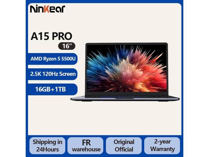 Ninkear A15 Pro Ordinateur Portable AMD Ryzen 5 5500U 16Go RAM 1To SSD 16 pouces 2.5K 120Hz IPS Métal Windows 11 WiFi6 Empreinte digitale 65W Charge rapide Bureau Travail