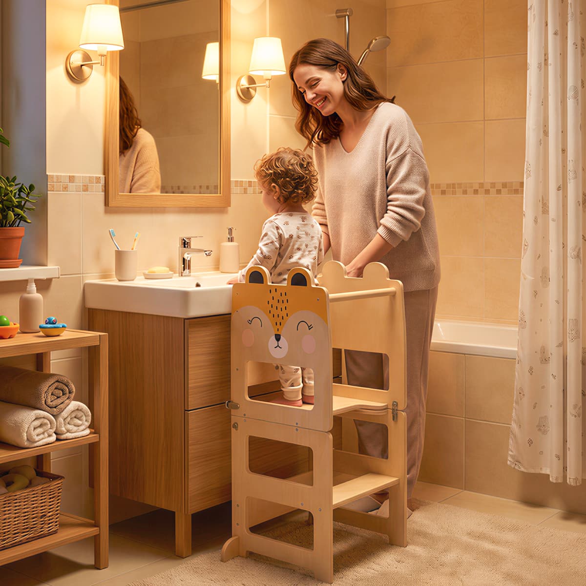 Aiyaplay Torre Montessoriana per Bambini 2-5 Anni con Lavagna e Tavolino, in Legno, 57x39x93 cm, color Legno   Aosom Italy