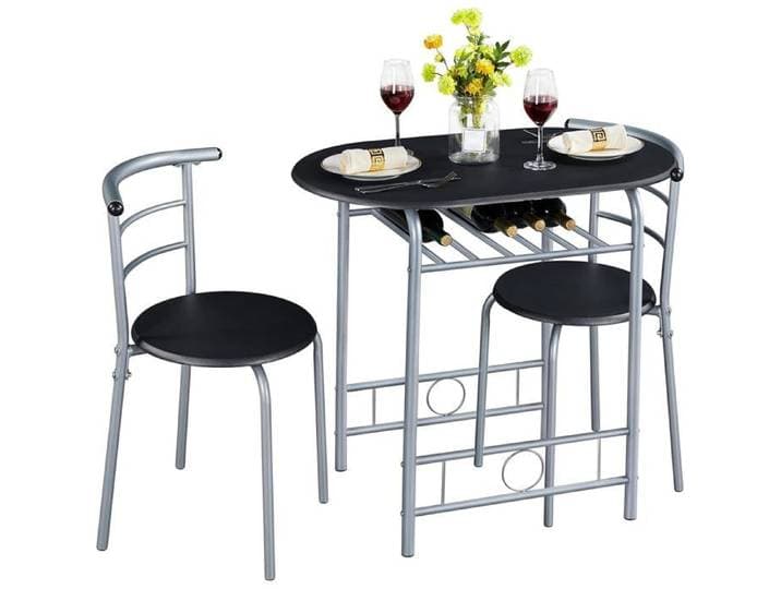 Ensemble Table Manger 2 Personnes 2 Chaises Set 3 Pièces Noir Porte-Bouteilles Table Compacte Petit Espace Salle Manger Studio