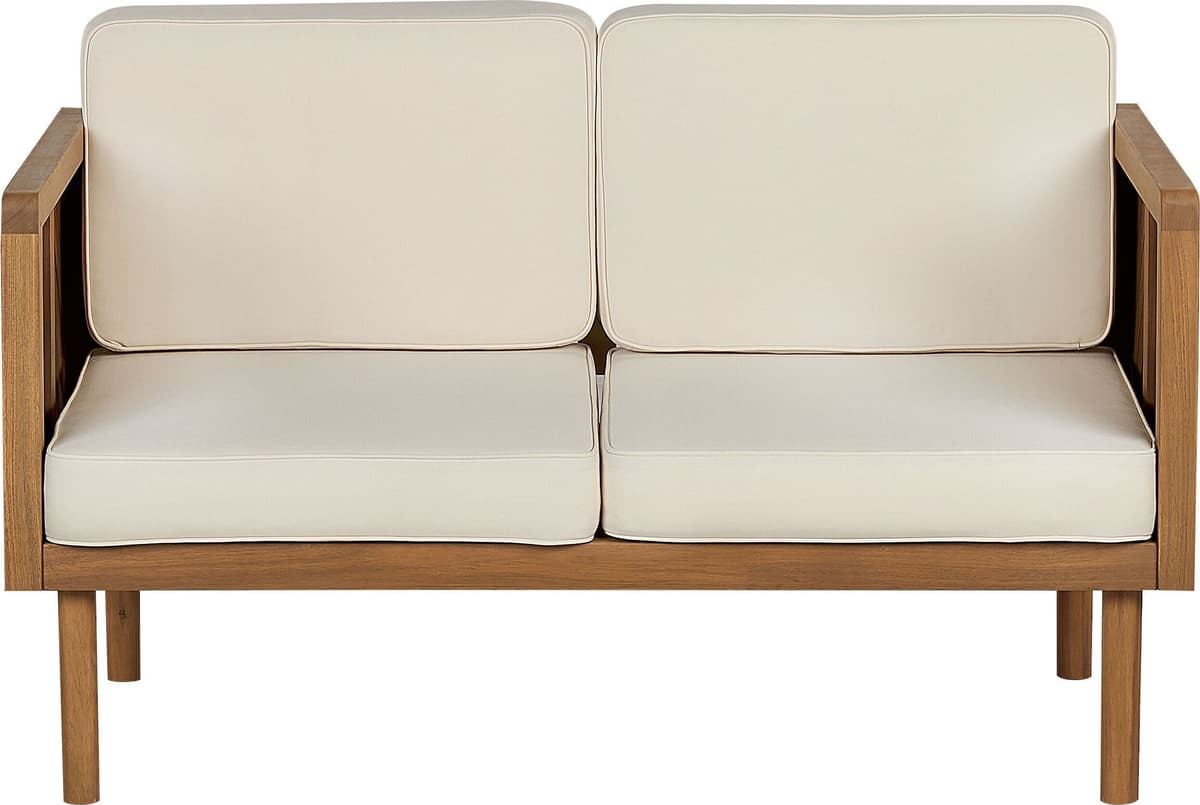 BELIANI 2-Sitzer Gartensofa Hellbraun Akazienholz mit Armlehnen Auflagen Beige Stoff Rustikal Modern Outdoor Terrasse Garten Balkon Möbel Außenbereich