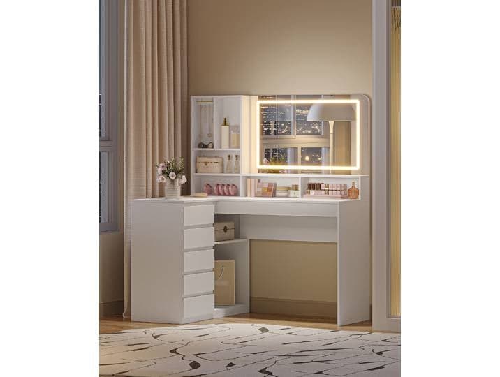 Table de maquillage avec grand miroir, éclairage LED, table de maquillage d'angle en forme de L, avec tiroirs et compartiments ouverts