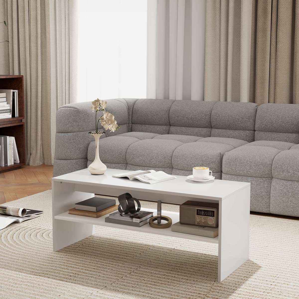 Homcom Tavolino da Caffè Moderno in Legno a 2 Livelli con Ripiano Aperto, 100x40x41.5 cm, Bianco