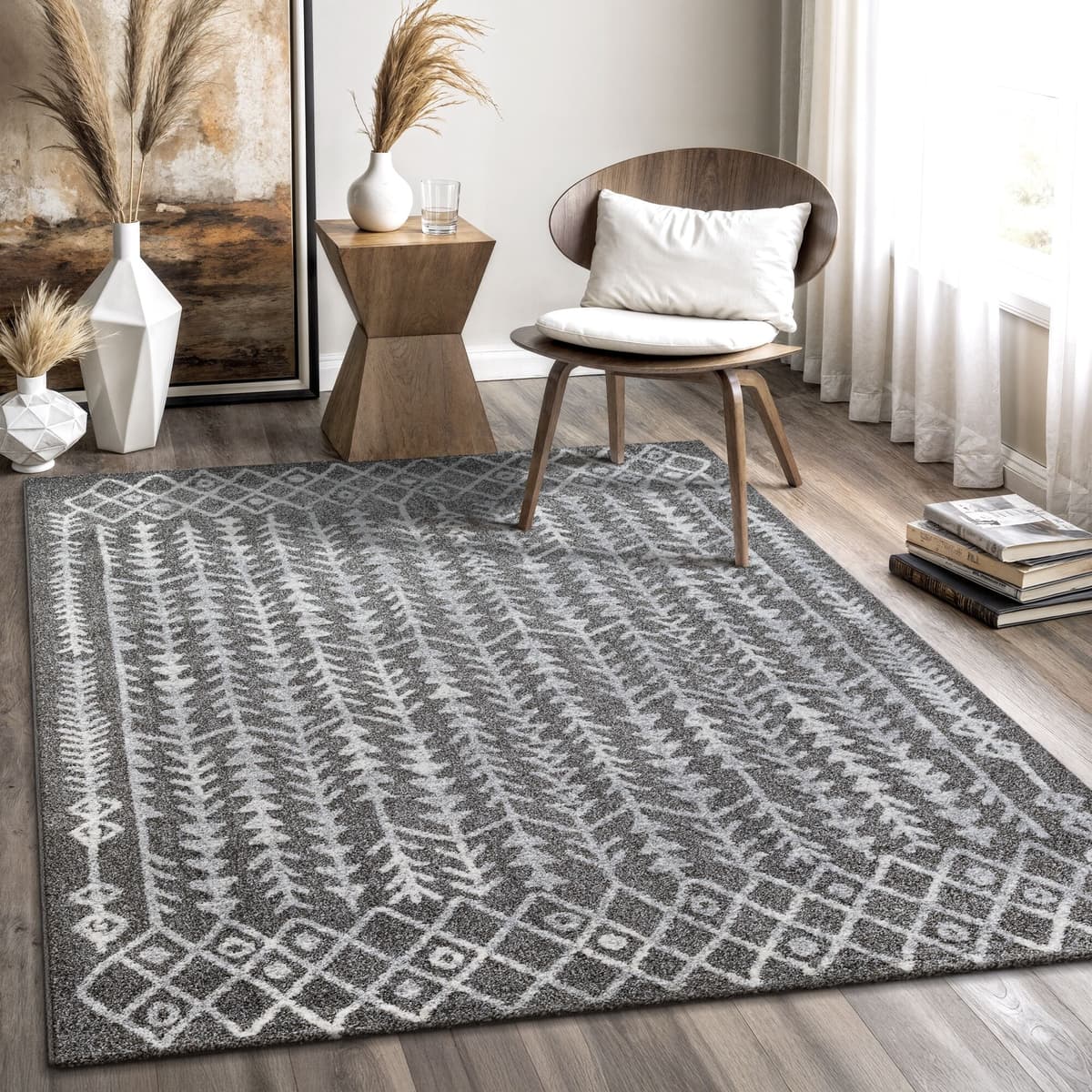 Teppich SANAT "Boho 8204 , auch als Läufer und in Rund", grau (dunkelgrau), B:240cm H:10mm L:340cm, Kunstfaser, Teppiche, Teppich, Kurzflor, robust, Boho, Scandic, für Fussbodenheizung geeignet dunkelgrau B : 240cm 1 Stk., 10mm, L: 340cm