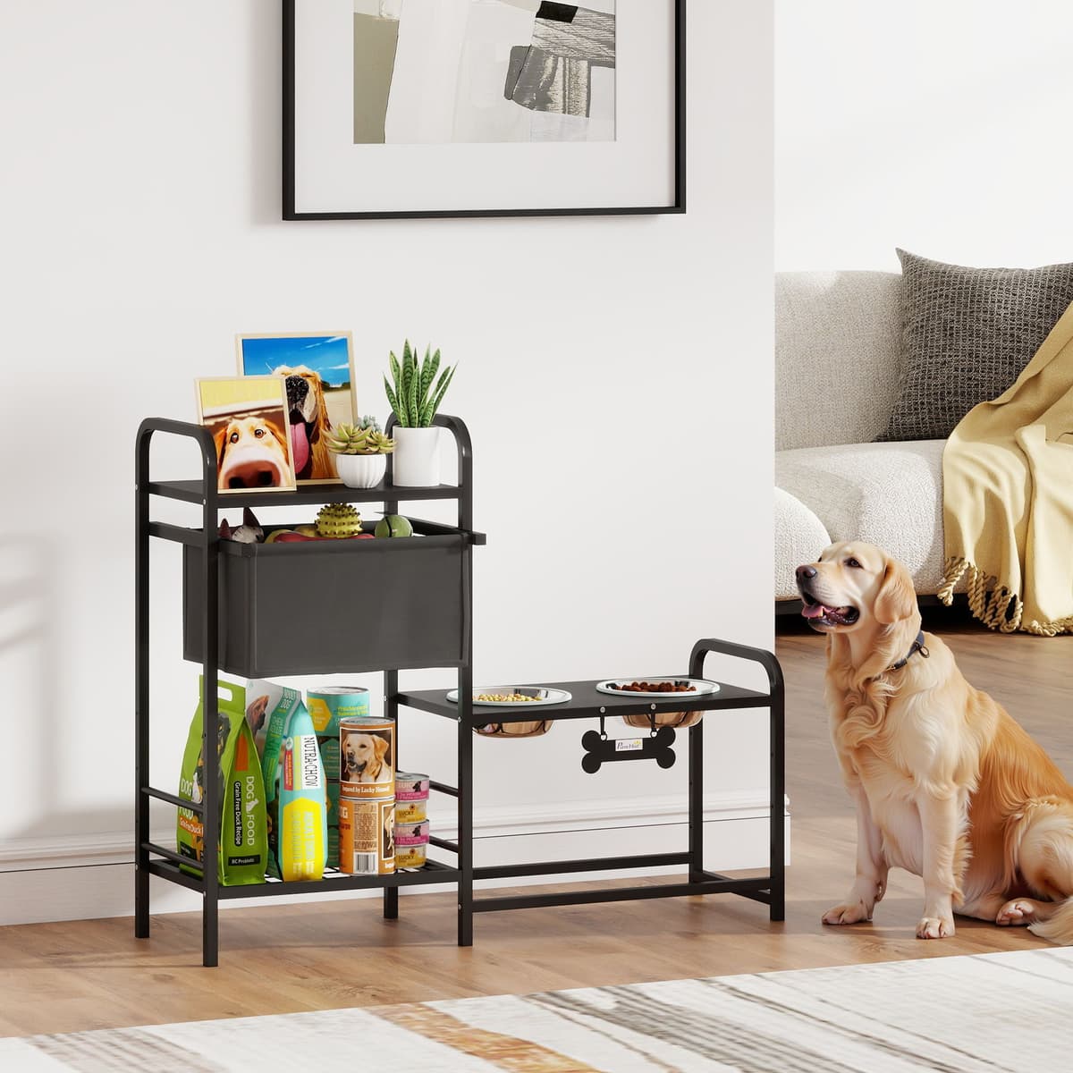 Pawhut Ciotola rialzata per cani Regolabile in altezza Supporto con spazio di stoccaggio Ciotole 2 x 800ml in acciaio inossidabile 89,5x27x74 cm Nero   Aosom Italy