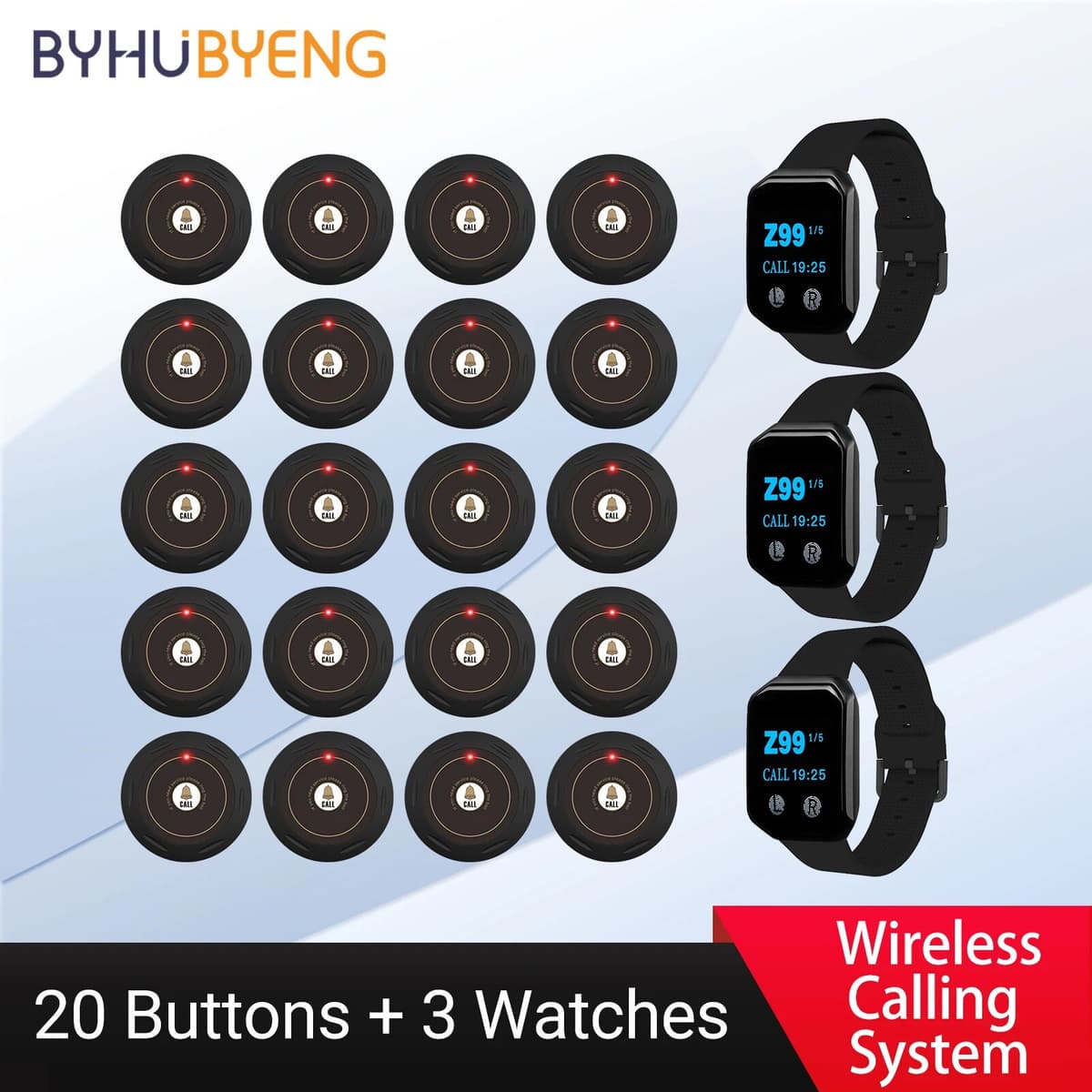 BYHUBYENG Wireless Waiter Calling System Waterproof Restaurant Watch Receiver + Call Button Pager Buzzer For Cafe Bar Clinic Plant