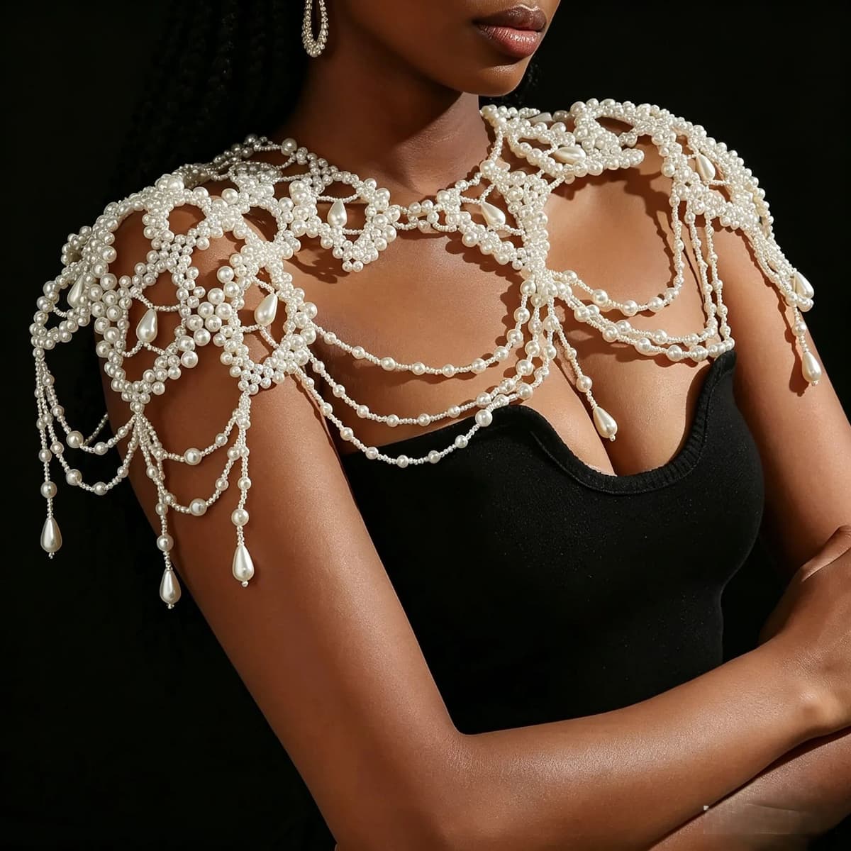 DIMNIE Vintage Bridal Pearl Cape Handmade Beaded Bride Collar Necklace Wedding Evening Party Prom Backless Vest for Women GP09