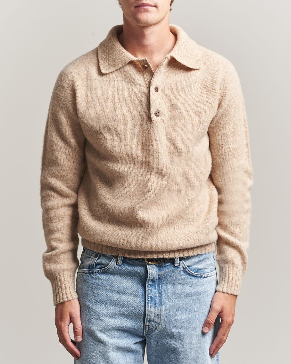Harley Of Scotland Brushed Supersoft Lambswool Polo Calico men XXL Beige