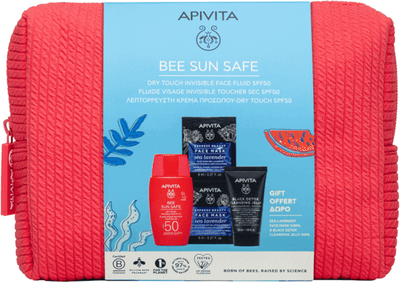 Apivita Bee Sun Safe Cofanetto PROMO Fluido Viso SPF50 In Regalo Gel Detergente Nero + Maschera Viso + Pochette