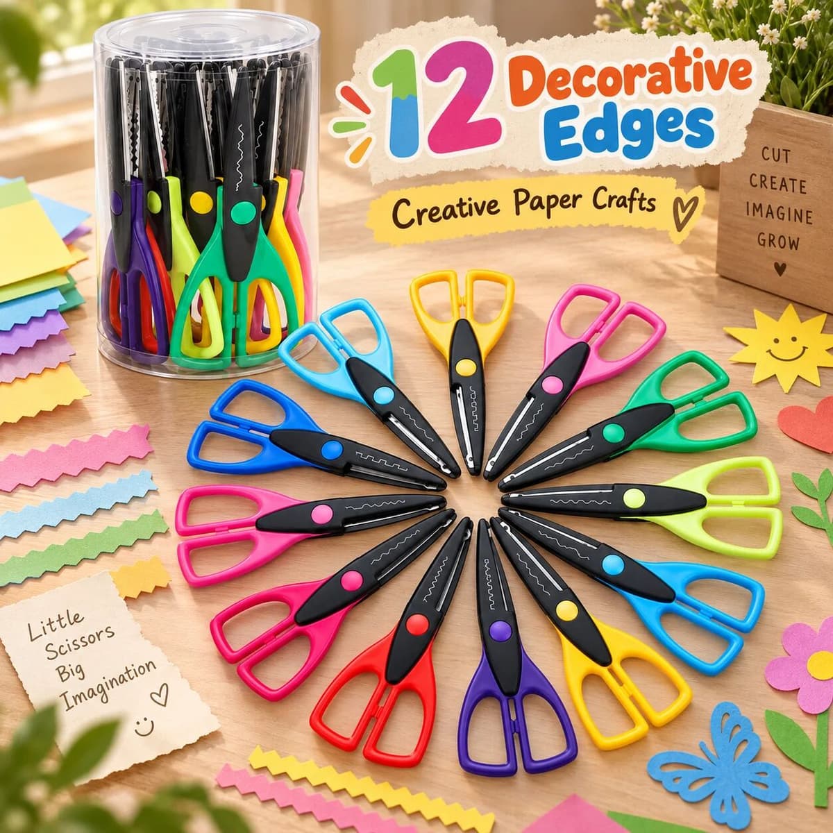 NONE 12 Pack Pattern Craft Scissors, 12 Assorted Decorative Cutting Styles, Plastic Safety Student Scissors for DIY Paper Crafts