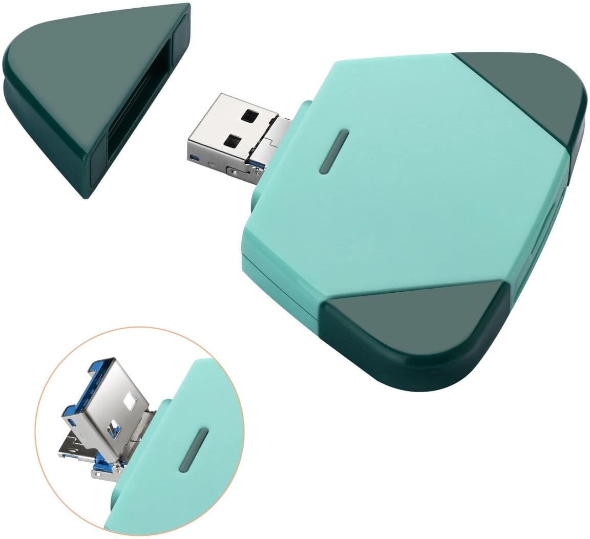 INF Lecteur de cartes magnétique détachable 3-en-1 - Lightning, USB-C & USB-A, SD/TF, compatible avec iPhone et iPad Vert