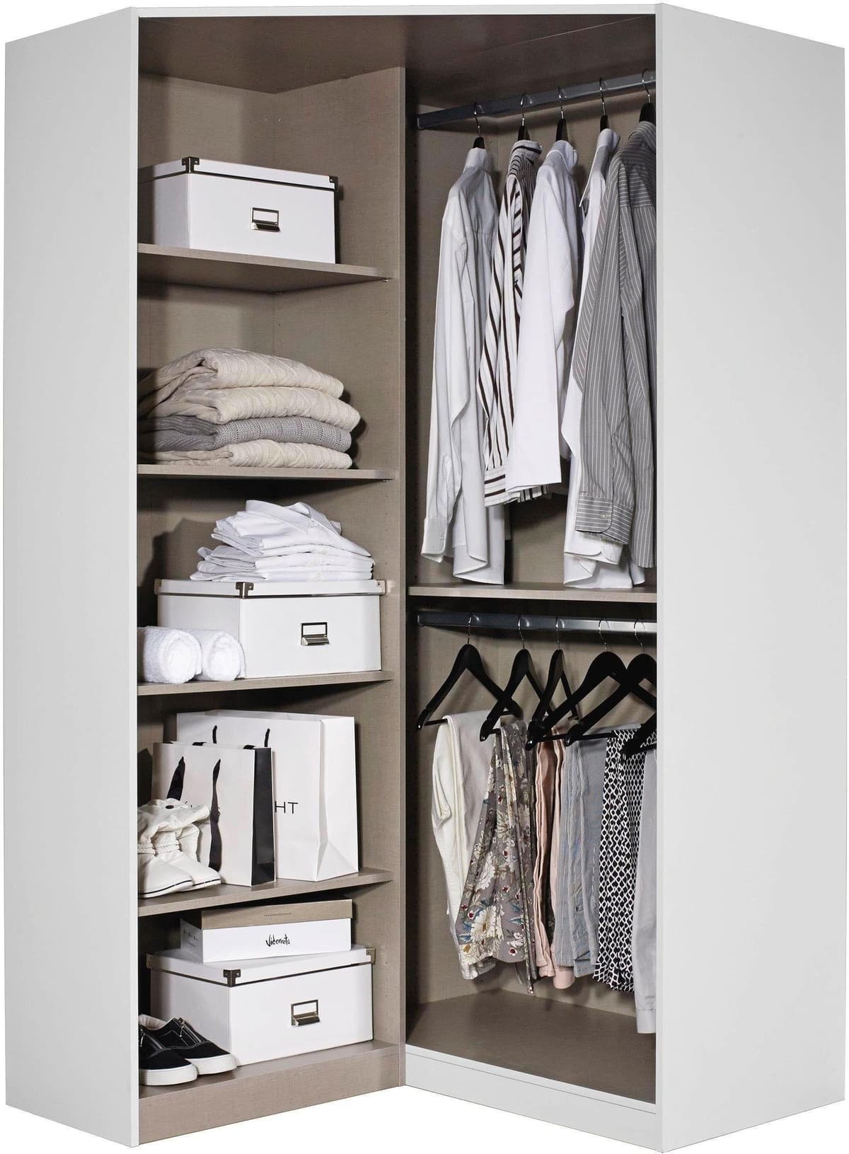 Eckkleiderschrank RAUCH "Freiham", weiß (weiß hochglanz), B:90cm H:197cm T:108,5cm, Holzwerkstoff, Schränke, Eckkleiderschrank, mit Griffmulde