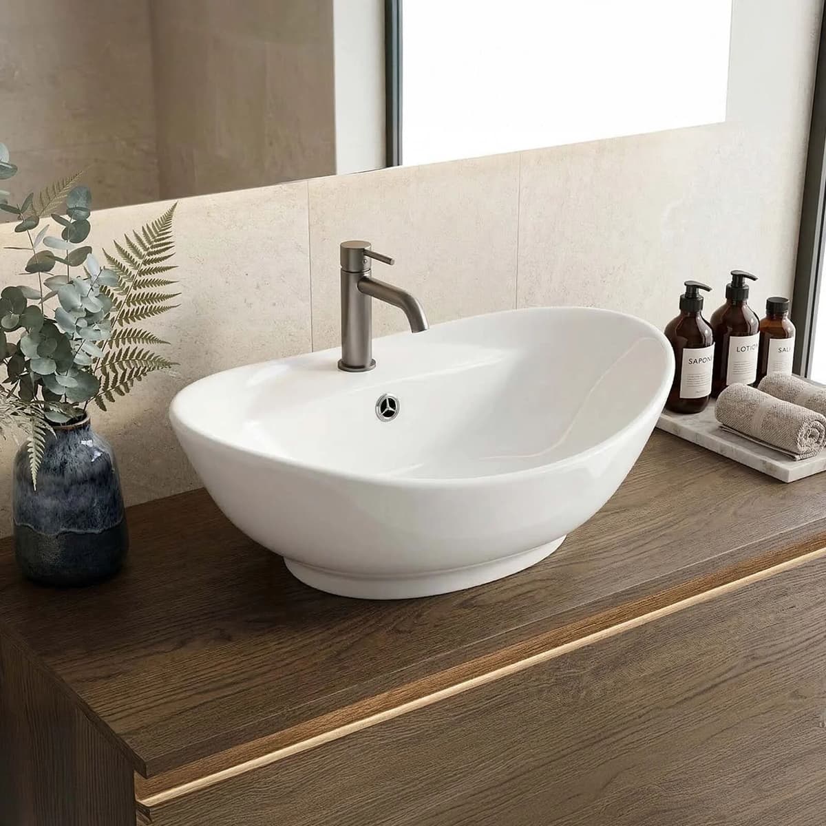 garneroarredamenti Lavabo bagno da appoggio ovale 59x40cm in ceramica bianco lucido Aqualis