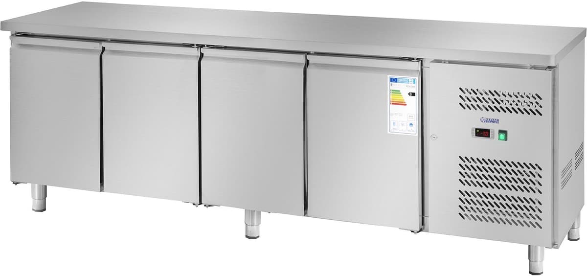 Kølebord - 450 l - 4 køleskabe - 227 x 64 cm - energimærkning B - rustfrit stål - Royal Catering RCLK-S449