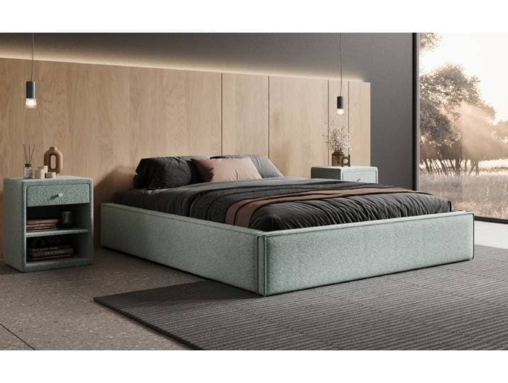 Designer Polsterbett Base mit Stauraum ohne Headboard in Strukturstoff - 200x200 - Vintage Blau - Luxusbetten24
