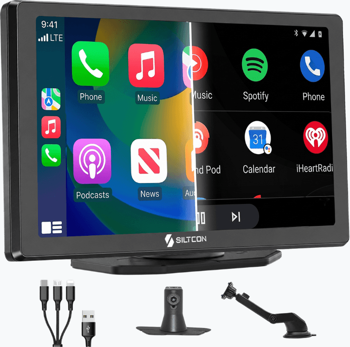 Siltcon® Geschikt voor Carplay Scherm 9 Inch - Geschikt voor Android Auto Scherm - Draadloos - Navigatiesysteem Auto - HD Touchscreen - AUX - FM - BT - Universeel - Incl. Oplaadkabels Telefoon - Zwart