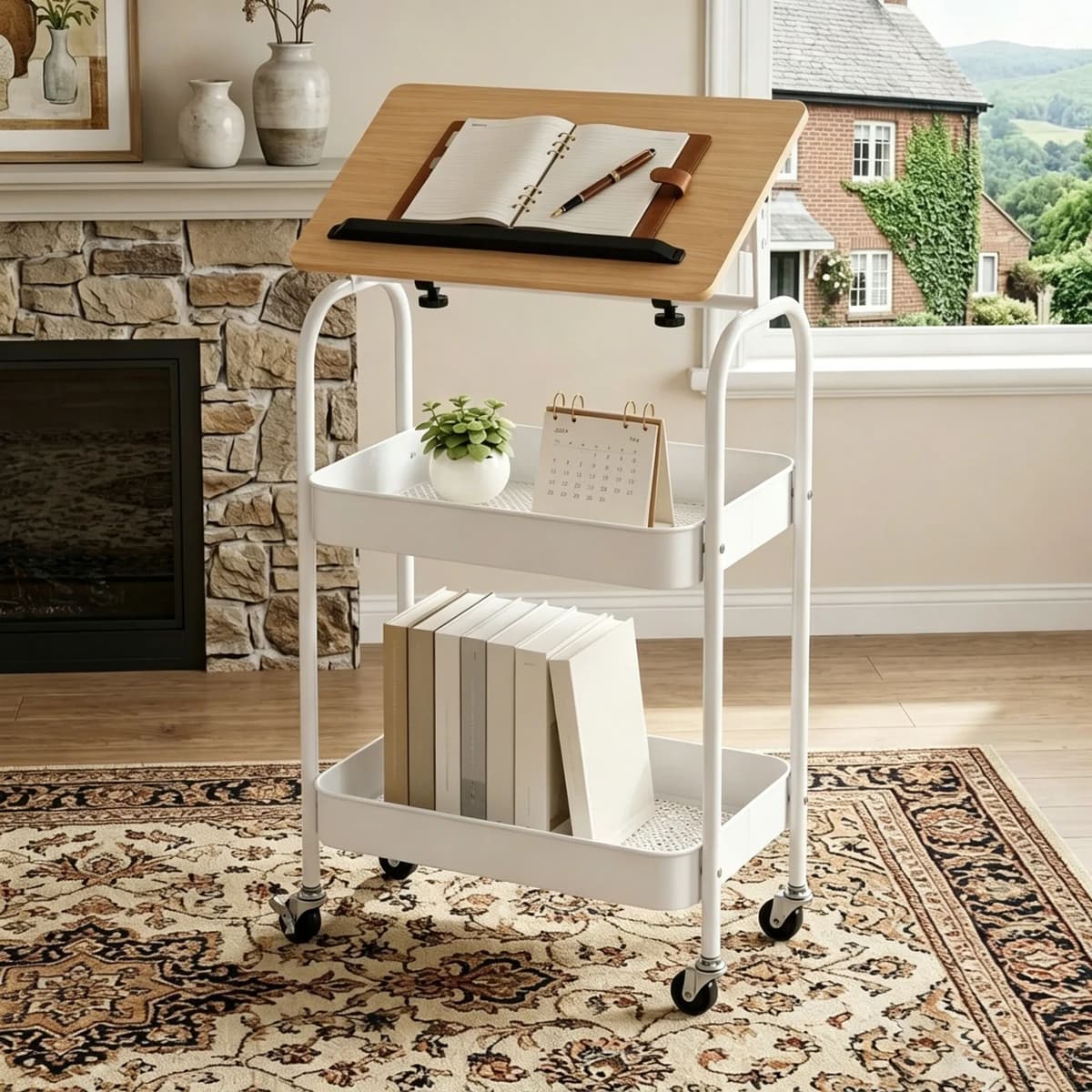NONE Small computer desk with castors Adjustable top Laptop table for sofa with breathable wire basket Side table for nursing bed Easy assembly for kitchen office living room(Natural)