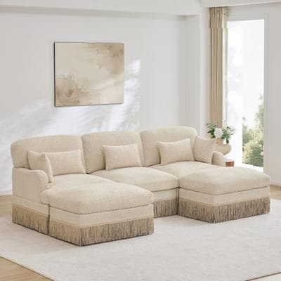 Loedds 100.3-inch U-Shaped Modern Upholstered Sectional Sofa with Movable Ottoman, Tassel Trim and Deep Seating