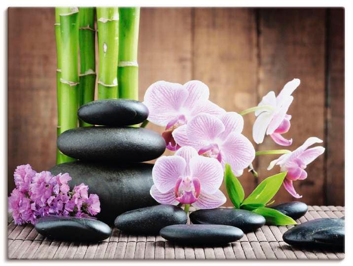 Wandbild ARTLAND Spa Konzept Zen Steinen Orchideen , pink (farbe bild(er): pink), B:80cm H:60cm, Bilder, Wandbild, als Leinwandbild, Poster in verschied. Grössen