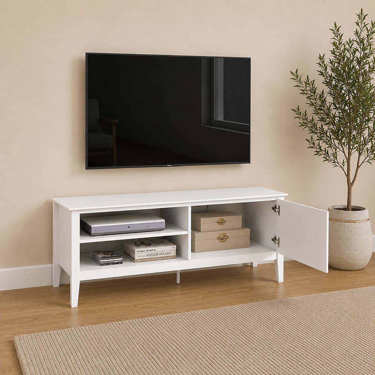 Large White Wooden Fluted TV Cabinet / Media Storage Unit - 120cm x 50cm (47" TV's) - Hales White Range Manufactured Wood, Metal