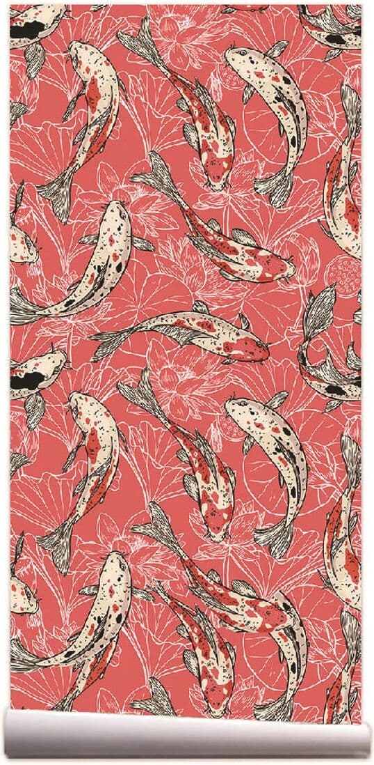 WMYDYG Chinese Peel and Stick Wallpaper Red Lotus Leaf and Fish Contact Paper Self Adhesive Removable Wallpapers for Kitchen Cabinet