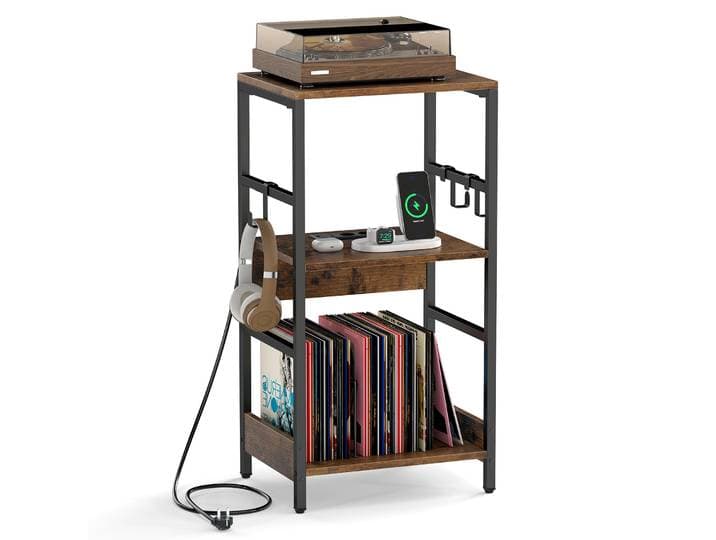 Platenspeler-standaard met Oplaadstation Platenrek met 3 Haken en Opbergvak voor Platen