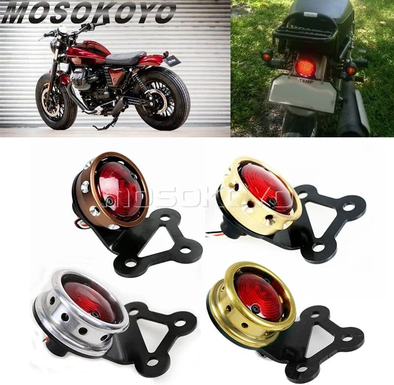MOSOKOYO Motorcycle Brass LED Retro Rear Tail Brake Stop Light Lamp License Plate Mount Taillight for Harley Honda Suzuki Chopper Bobber