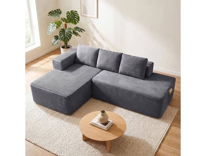 COMHOMA Canapé-lit modulable 228 cm en velours côtelé Chaise longue à droite coussins et poches latérales Gris