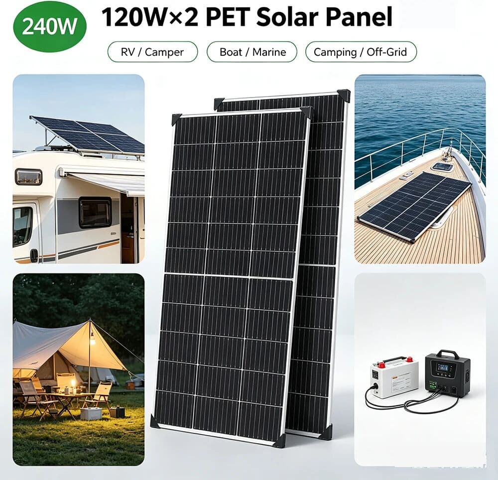 xinpuguang 240W Monocrystalline Solar Panel 18V IP67 Waterproof PET Solar Charger for RV Motorhome Boat Off-Grid 12V OR 24V Battery