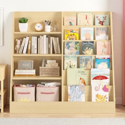 ZWYO HOSIMU "33.47""H 4-Tier Kids Bookshelf and Toy Storage Organizer, MDF Wood, Multi-layer Display Stand with Toy Storage Bin, for Nursery"