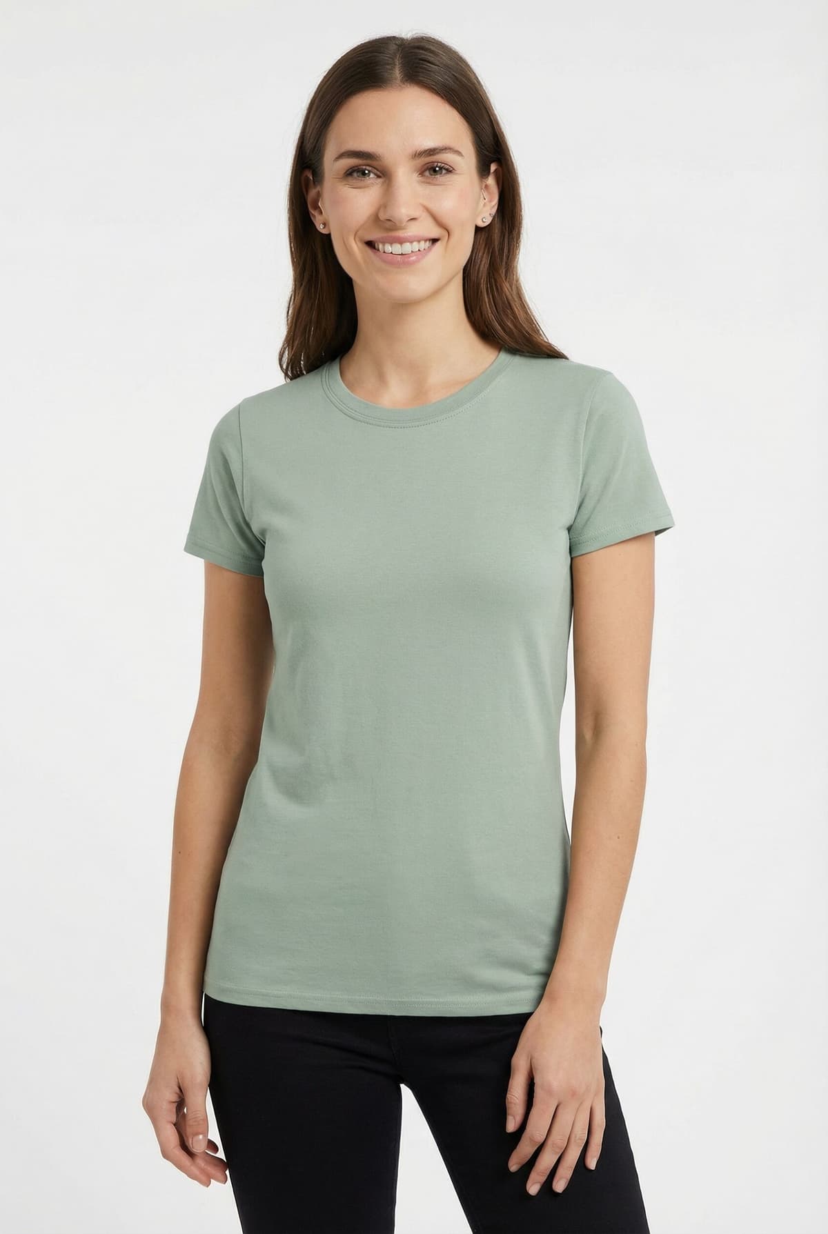 Rundhalsshirt FRUIT OF THE LOOM "Lady Fit Premium", Damen, Gr. L (40), weiss (weiß, sage), Single Jersey, Obermaterial: 100% Baumwolle, unifarben, Basic, figurbetont, Rundhals, eingesetzt abgesteppte Kante, Shirts Rundhalsshirt weiß, sage L (40)