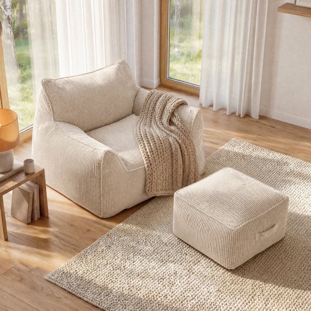 17 Stories Large 320gsm Corduroy Bean Bag Lounger - Ergonomic 22kg Foam Support Floor Sofa - OEKO-TEX Light Grey Medium