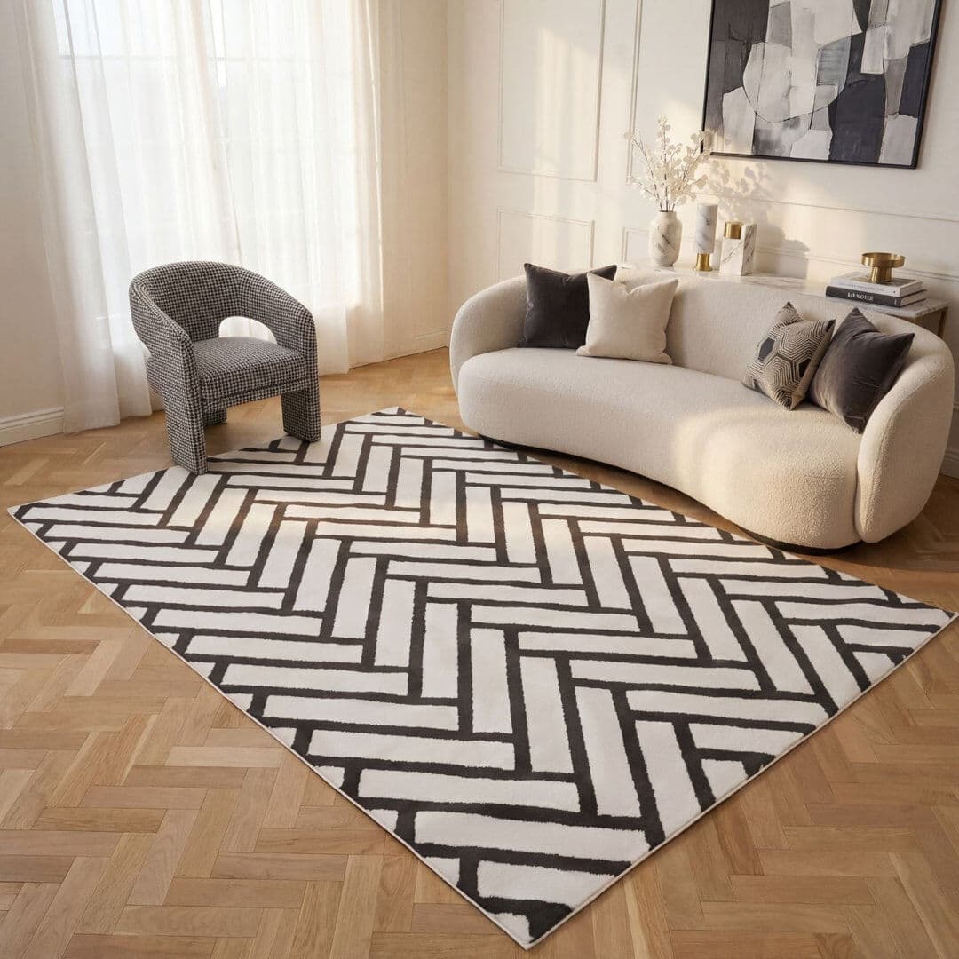 THE RUGS Loft Modern Chevron Living Room Area Rug and Runner Soft Pile Dark Grey/Ivory Rectangle 160 x 230 cm