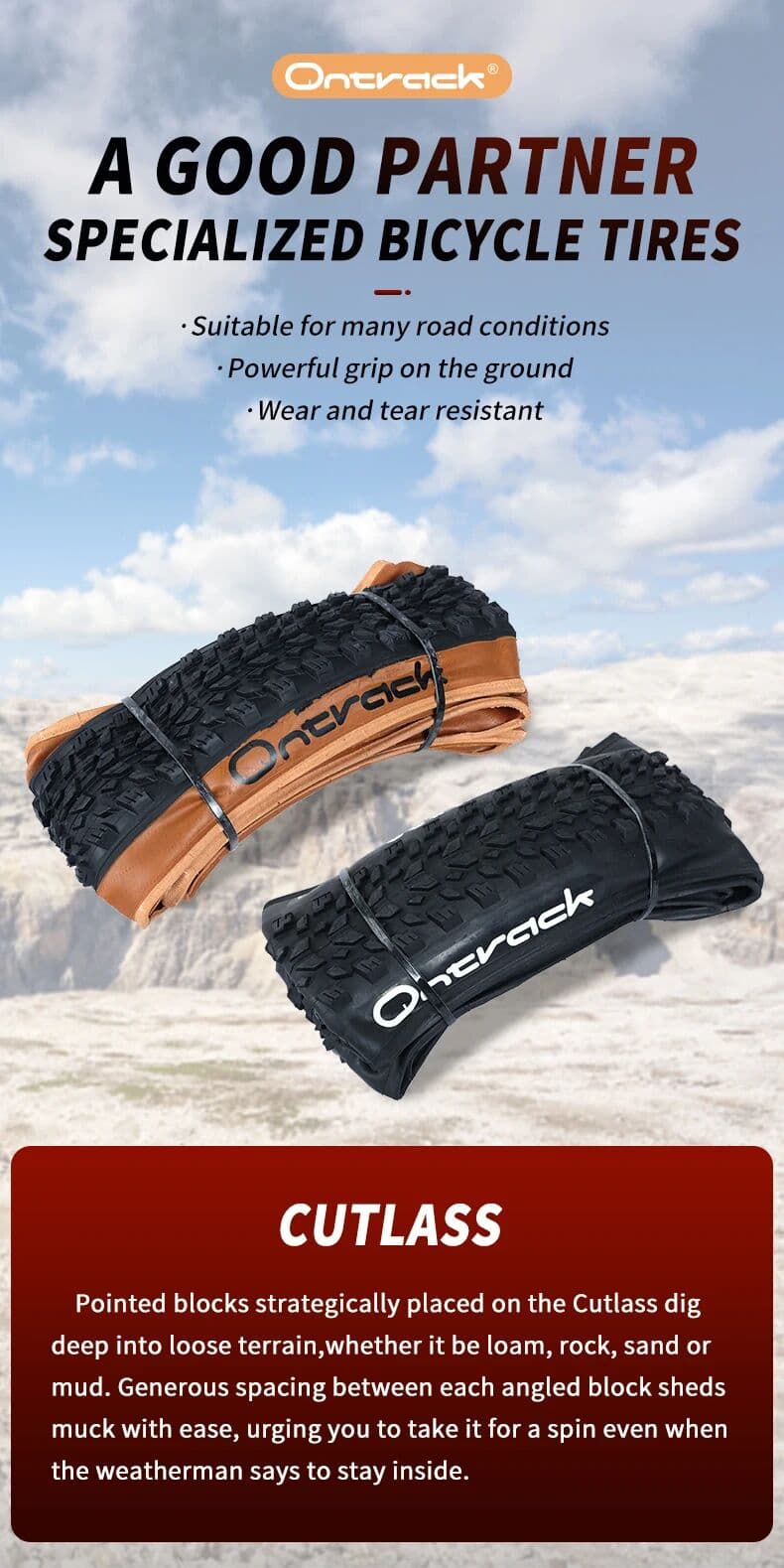 ONTRACK FOLDED TIRE MTB 26/27.5/29X2.10 CUTLASS 30TPI  BROWN WALL SKIN