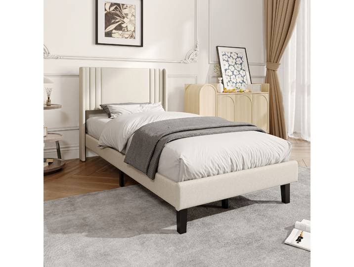 Anajqaqia Lit rembourré 90x200cm, cadre de lit avec tête de lit et sommier à lattes, lit rembourré, lit simple robuste, lit en tissu de lin, beige