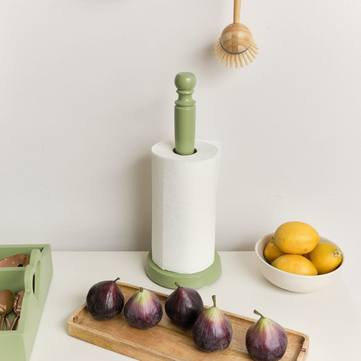 Green Painted Wooden Kitchen Roll Holder - 37cm Wood