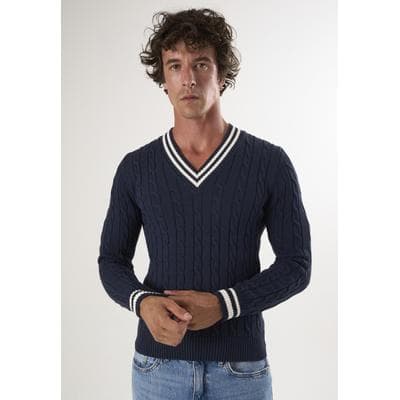 V-Ausschnitt-Pullover FELIX HARDY "V-Ausschnitt-Pullover mit Zopfmuster", Herren, Gr. XXL, navy, 100% Baumwolle, V-Ausschnitt, Pullover