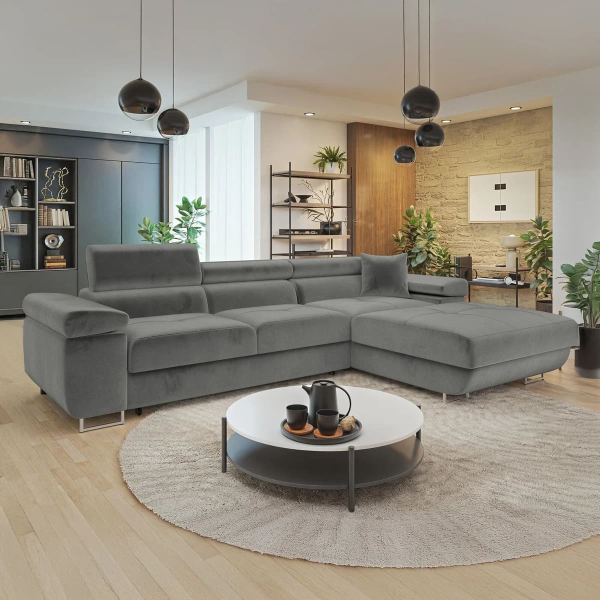 garneroarredamenti Divano letto con angolo a destra 4 posti 280x170cm box contenitore vellutato grigio Elvio