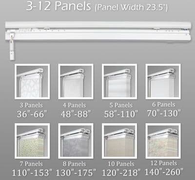 "InStyleDesign Midnight Regalia 5-Panel Single Rail Panel Track Extendable 58""-110""W, Panel width 23.5""."